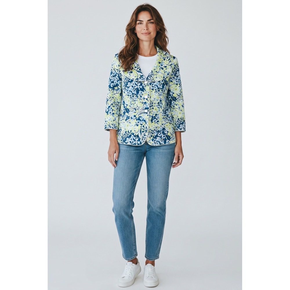 Alex Marie Womens Floral Blazer Blue Lime Green Piping Cotton Jacket Size 12